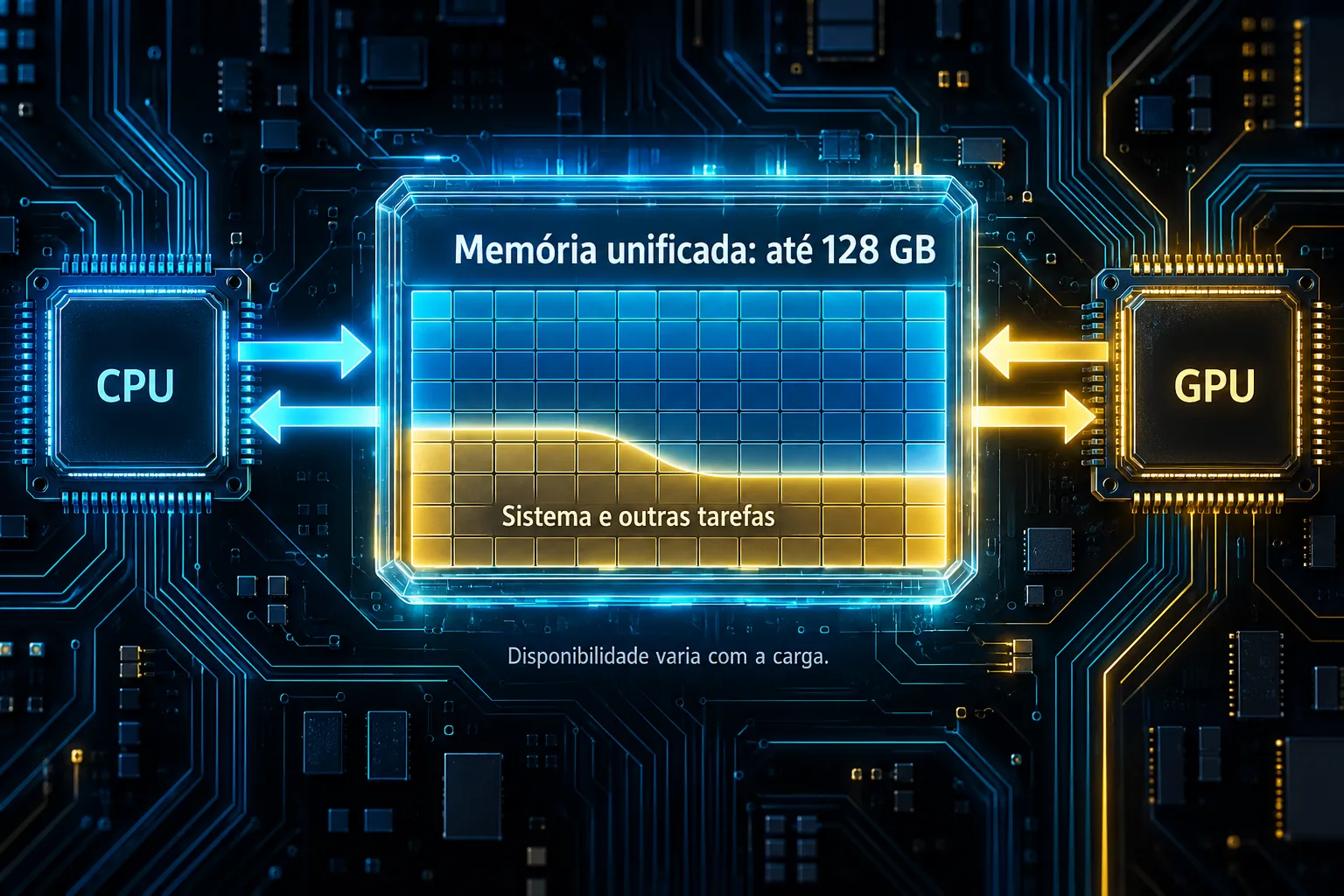 Memória unificada é um conjunto compartilhado; o máximo anunciado não é memória exclusivamente disponível para a GPU. Esquema conceitual, sem representar o chip real. Ilustração explicativa: Memória unificada é um conjunto compartilhado; o máximo anunciado não é memória exclusivamente disponível para a GPU. Esquema conceitual, sem representar o chip real.