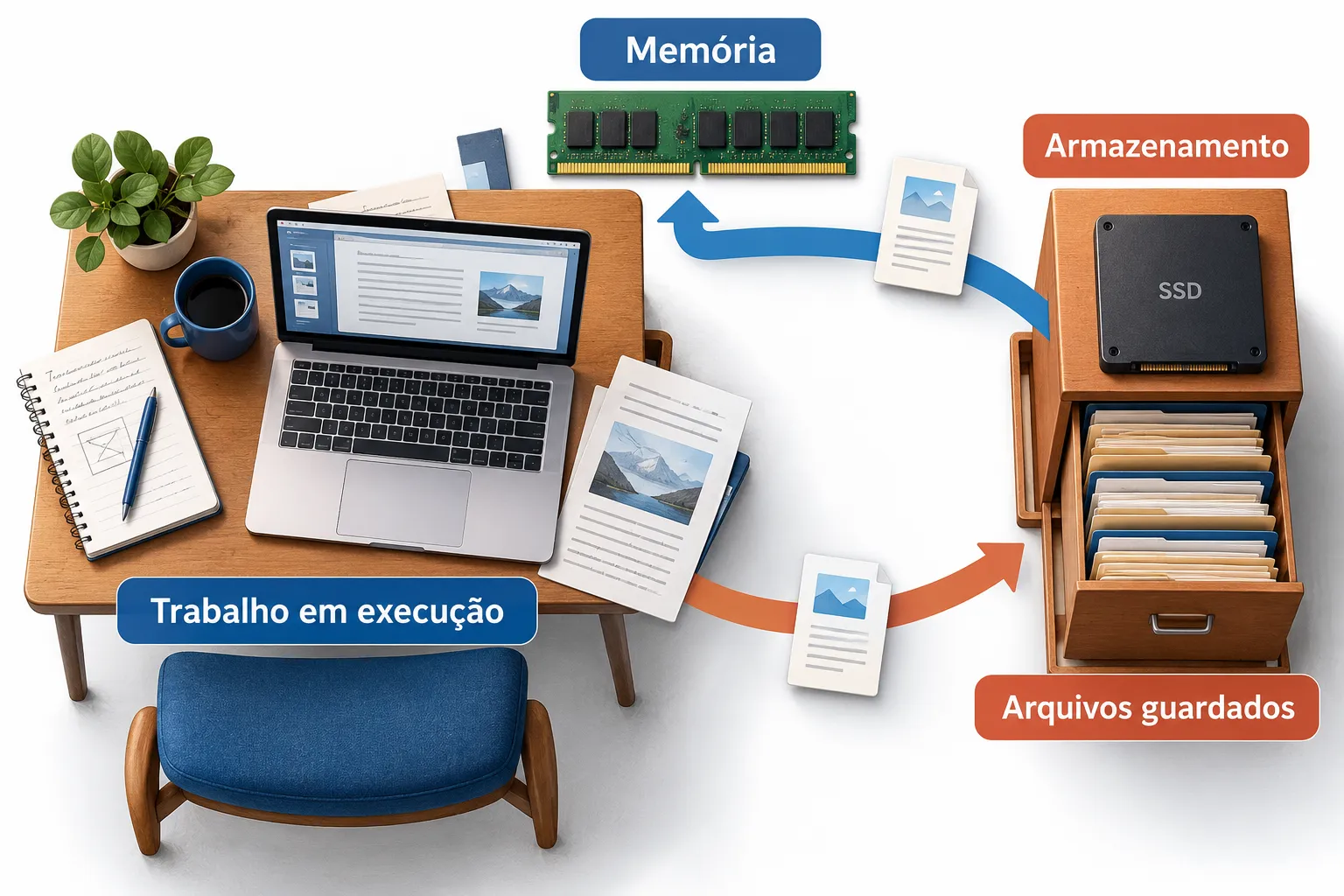 Memória participa do trabalho em execução; armazenamento preserva projetos e arquivos. Ilustração conceitual, sem representar os componentes internos do MacBook. Ilustração explicativa: Memória participa do trabalho em execução; armazenamento preserva projetos e arquivos. Ilustração conceitual, sem representar os componentes internos do MacBook.