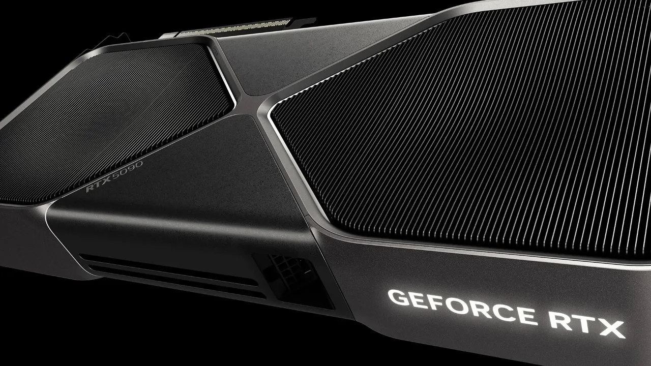 Outro ângulo da GeForce RTX 5090 mostra o corpo da placa e seu sistema de refrigeração.