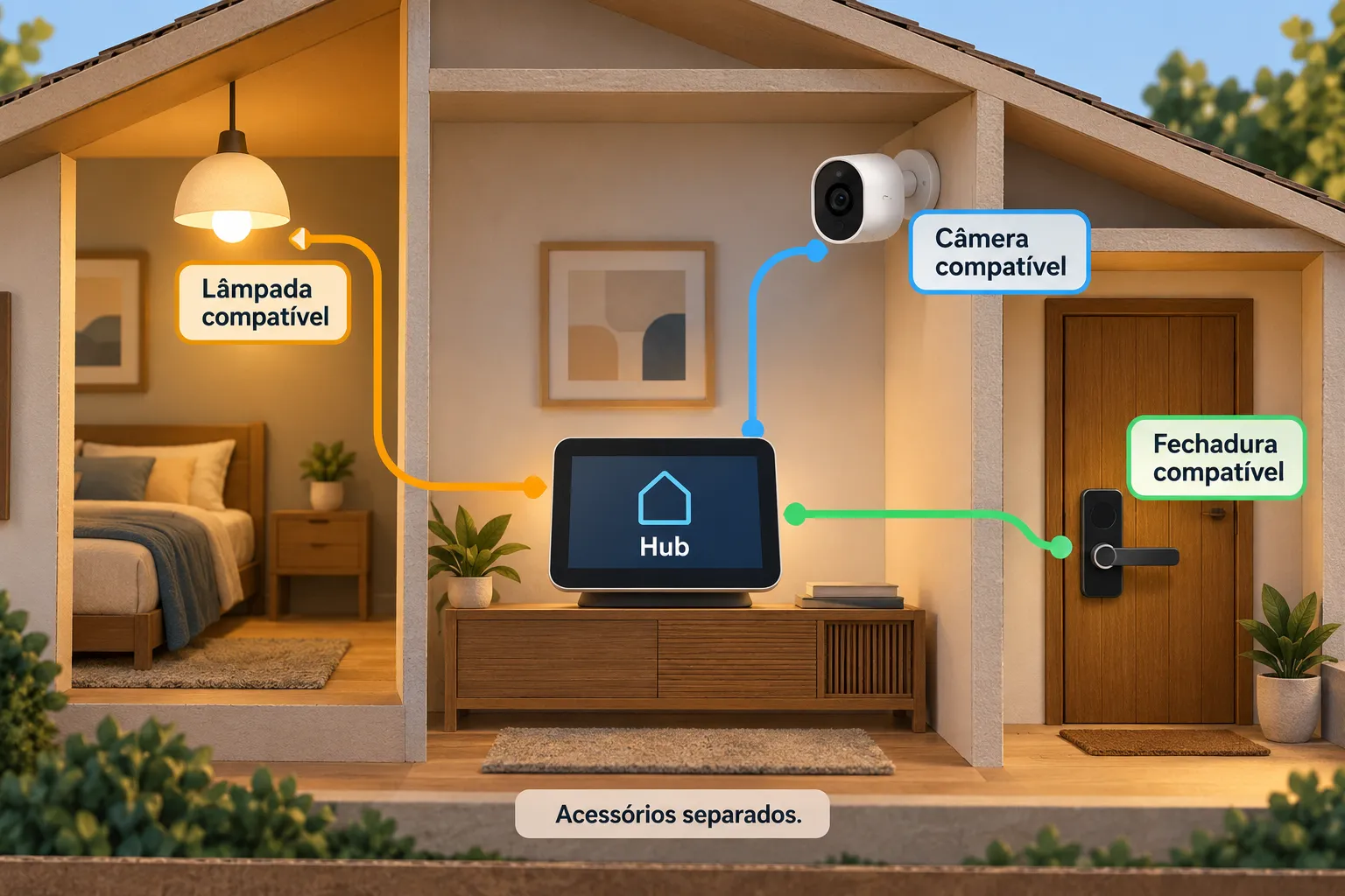 O hub controla acessórios compatíveis que precisam existir na casa; lâmpada, câmera e fechadura não são substituídas pela tela. Esquema conceitual, sem representar o HomeView real. Ilustração explicativa: O hub controla acessórios compatíveis que precisam existir na casa; lâmpada, câmera e fechadura não são substituídas pela tela. Esquema conceitual, sem representar o HomeView real.