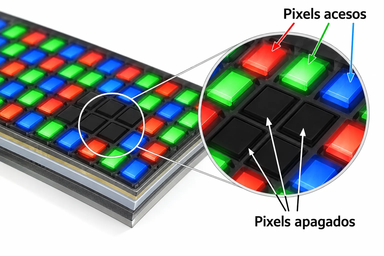 Na OLED, pixels podem ser apagados individualmente para formar áreas pretas. Corte esquemático, sem representar a construção exata do iPad. Ilustração explicativa: Na OLED, pixels podem ser apagados individualmente para formar áreas pretas. Corte esquemático, sem representar a construção exata do iPad.