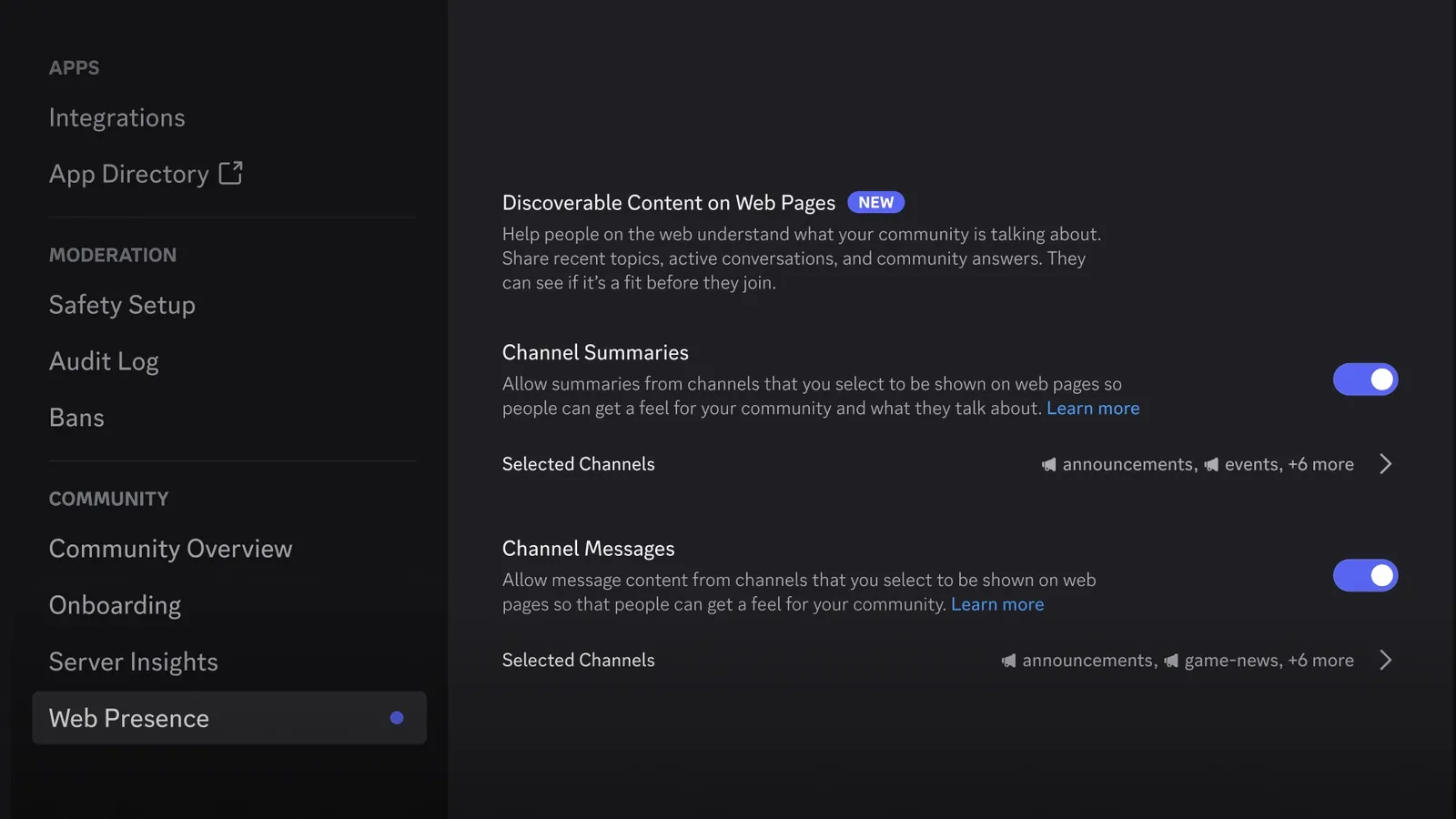 Captura oficial dos controles de presença na web para administradores de servidores do Discord.