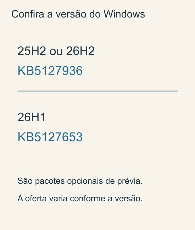 Diagrama associa Windows 11 25H2 e 26H2 à KB5127936 e 26H1 à KB5127653.
