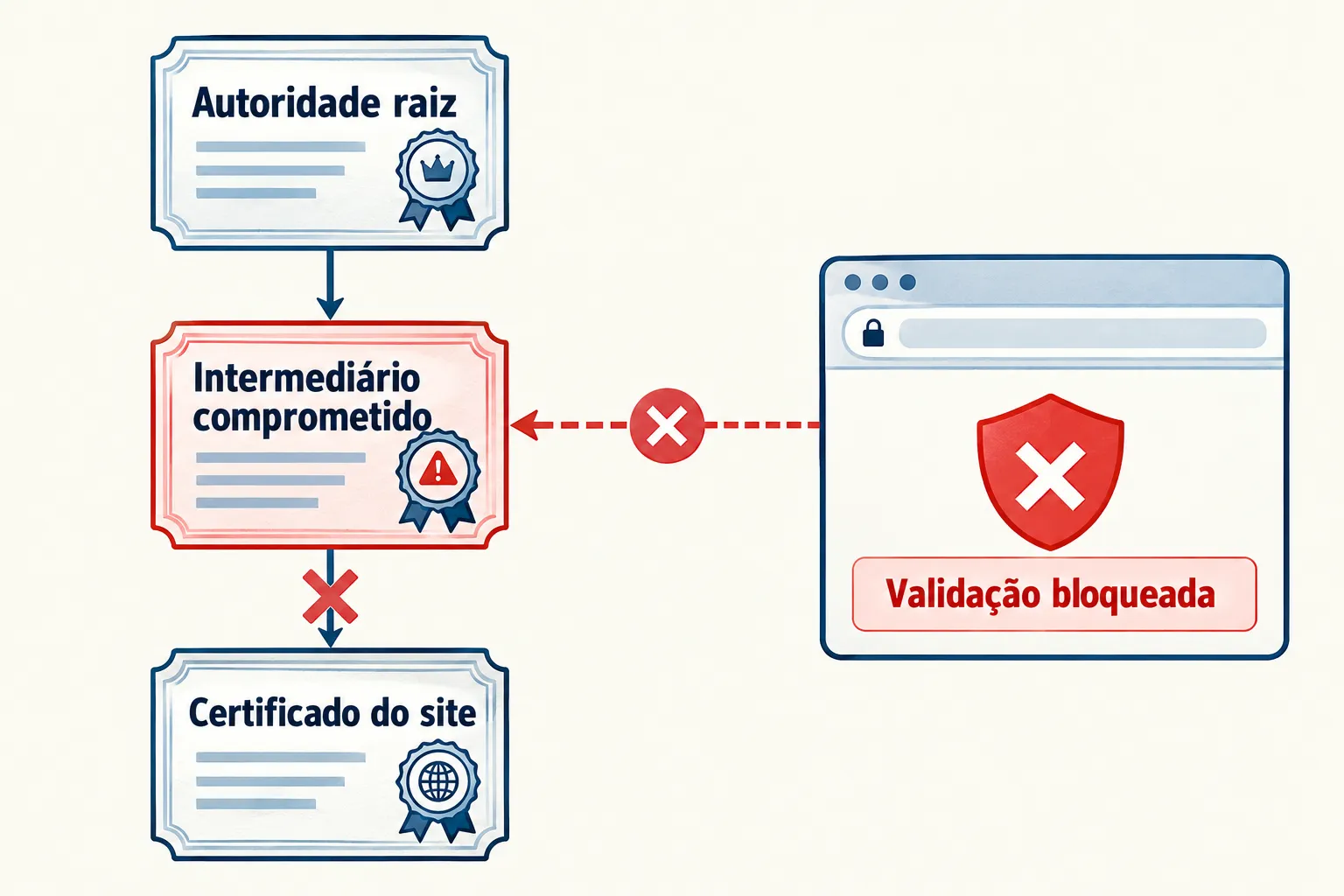 O navegador verifica uma cadeia de confiança; um intermediário comprometido pode interromper essa validação. Ilustração explicativa: O navegador verifica uma cadeia de confiança; um intermediário comprometido pode interromper essa validação.