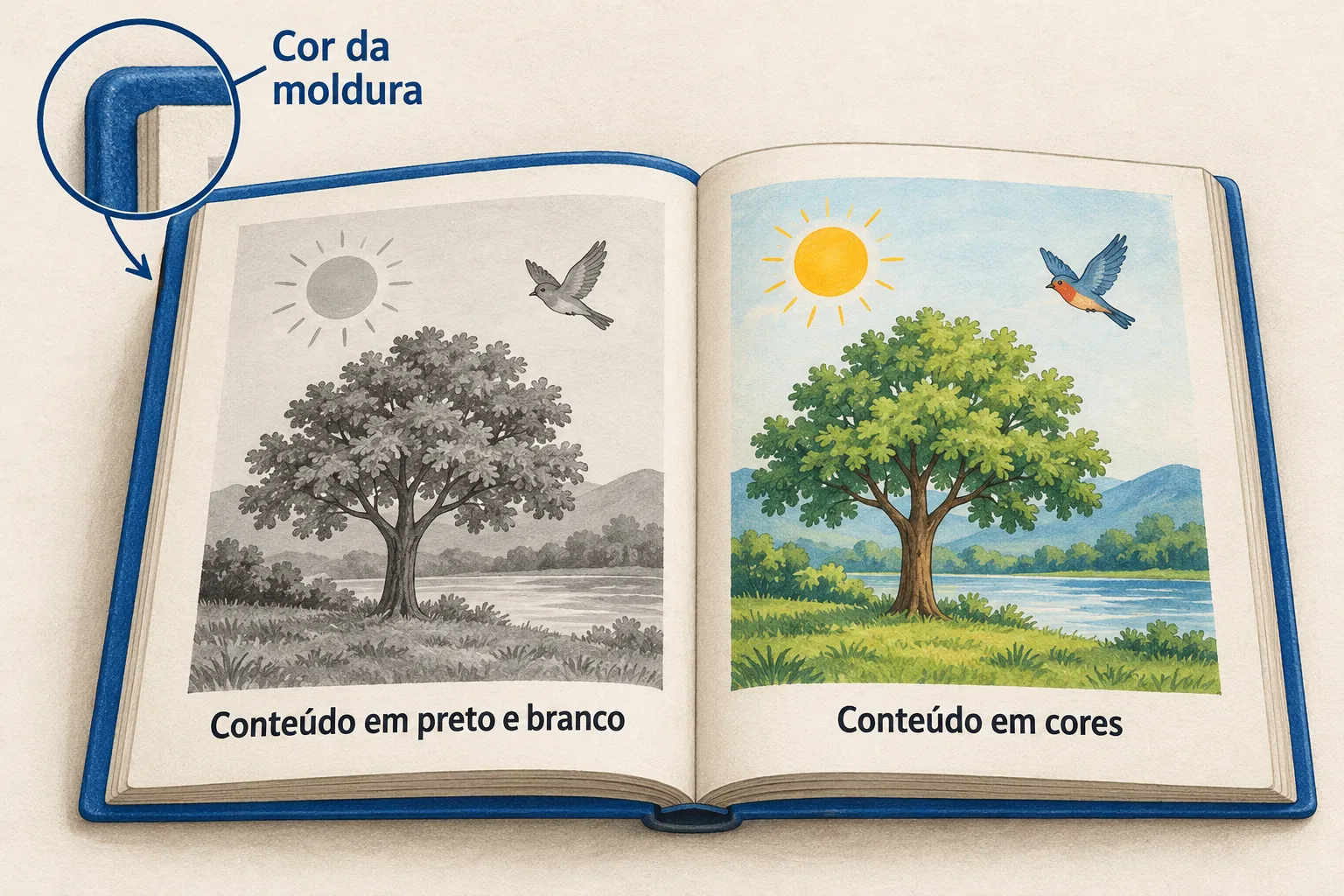 Cor na moldura e cor no conteúdo são características distintas. Ilustração de leitura monocromática e colorida, sem simular telas de modelos reais. Ilustração explicativa: Cor na moldura e cor no conteúdo são características distintas. Ilustração de leitura monocromática e colorida, sem simular telas de modelos reais.