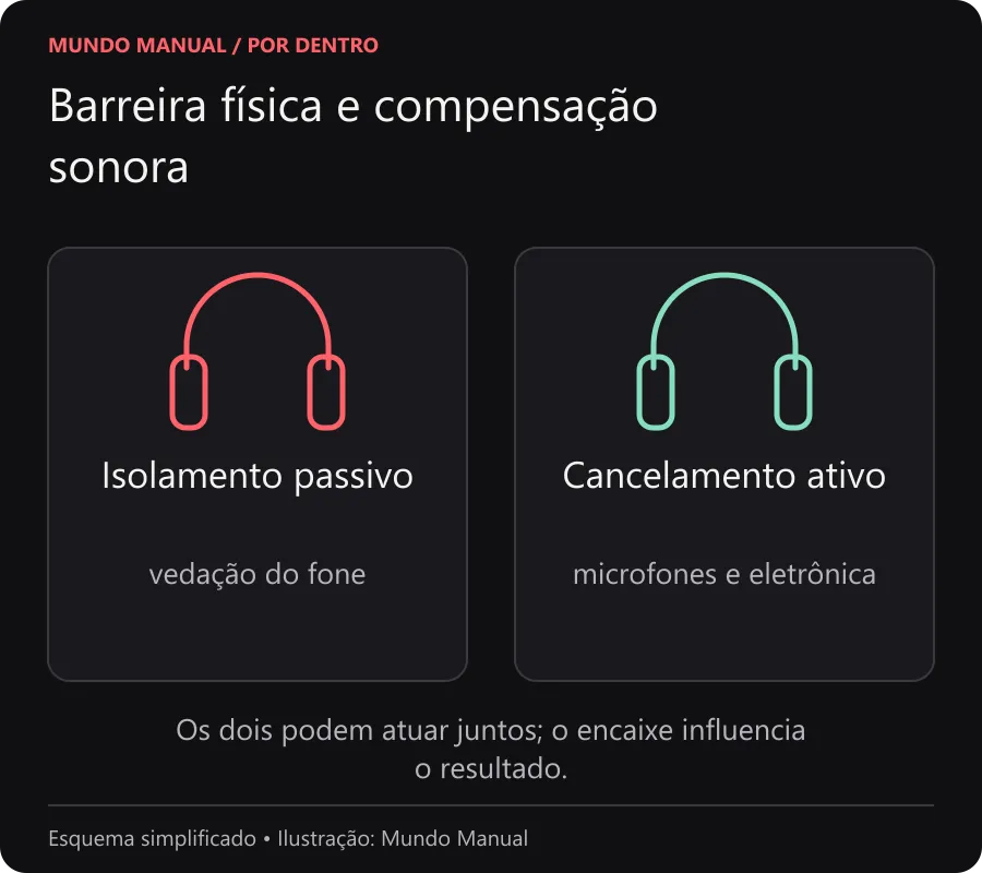 Barreira física e compensação sonora Comparação: isolamento passivo depende da vedação; cancelamento ativo acrescenta microfones e processamento.