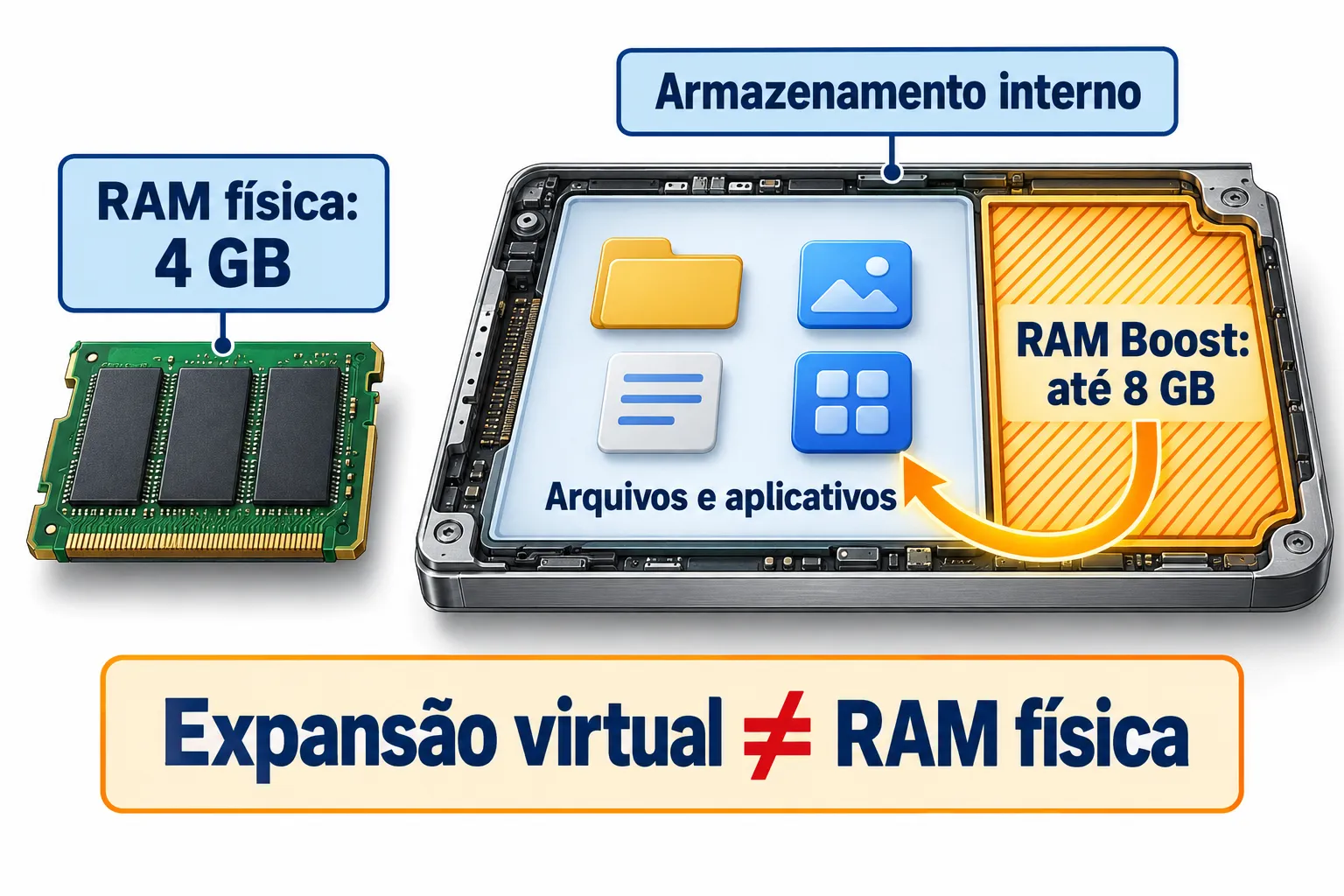 RAM física e expansão virtual são componentes distintos. O RAM Boost reserva parte do armazenamento; a soma não equivale a RAM física instalada. Esquema conceitual, sem representar componentes ou proporções reais. Ilustração explicativa: RAM física e expansão virtual são componentes distintos. O RAM Boost reserva parte do armazenamento; a soma não equivale a RAM física instalada. Esquema conceitual, sem representar componentes ou proporções reais.