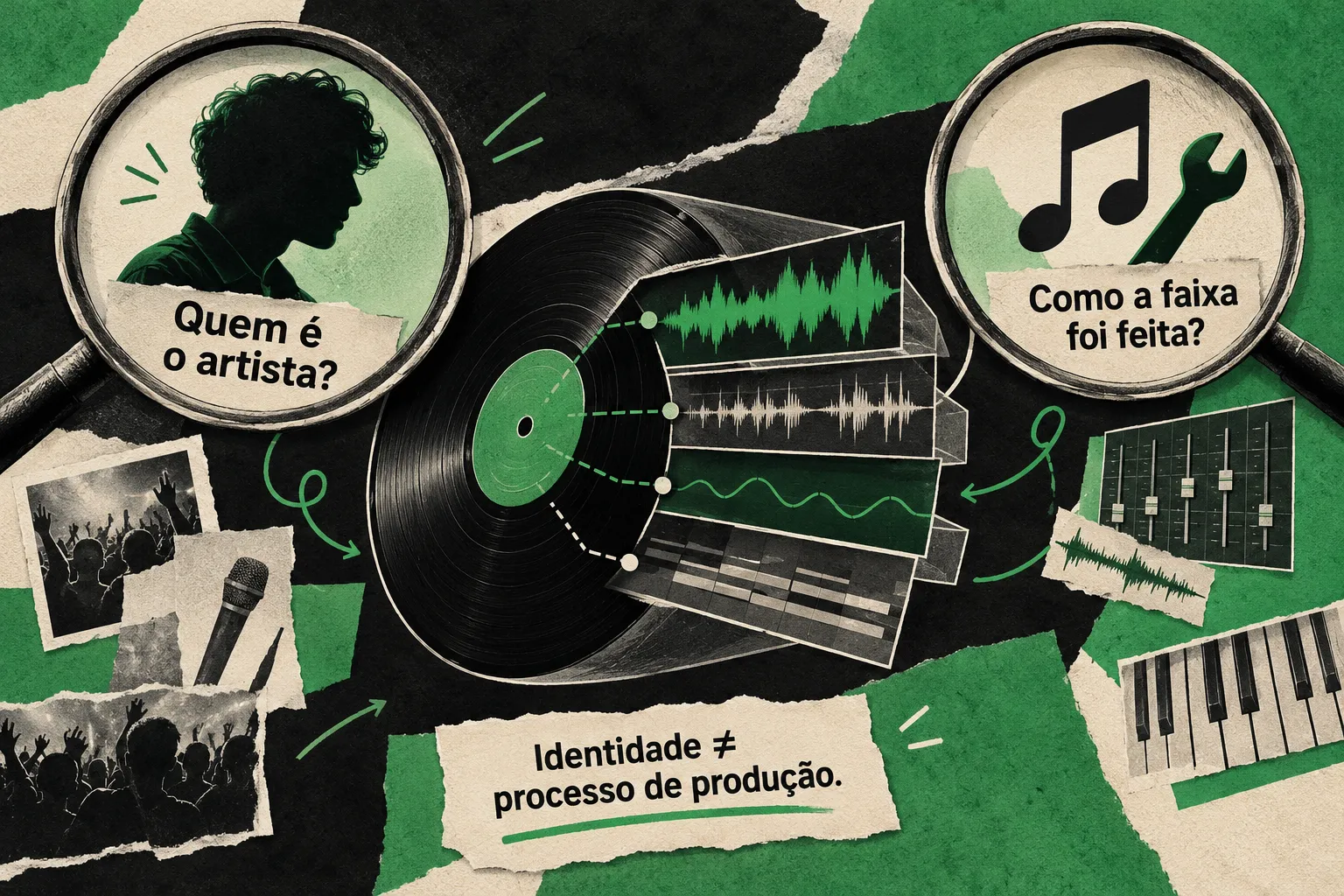 Identidade do artista e uso de IA na produção são informações diferentes. Um sinal não responde automaticamente à outra pergunta. Ilustração explicativa: Identidade do artista e uso de IA na produção são informações diferentes. Um sinal não responde automaticamente à outra pergunta.