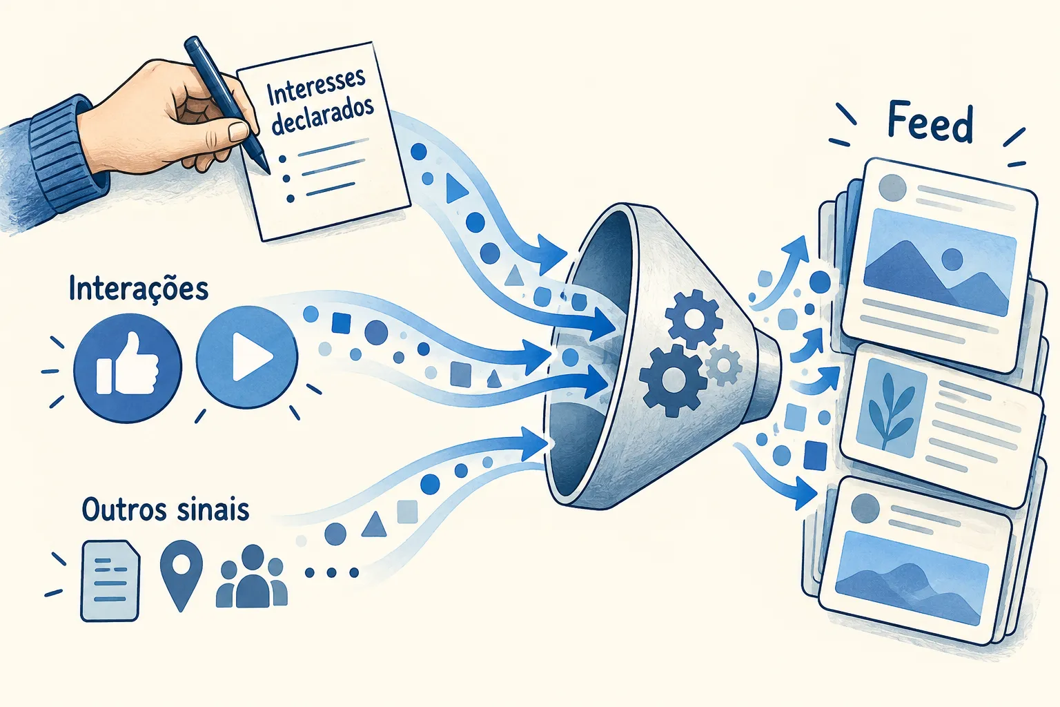 Os interesses declarados se somam ao comportamento e a outros sinais; não substituem todo o sistema de recomendação. Ilustração explicativa: Os interesses declarados se somam ao comportamento e a outros sinais; não substituem todo o sistema de recomendação.