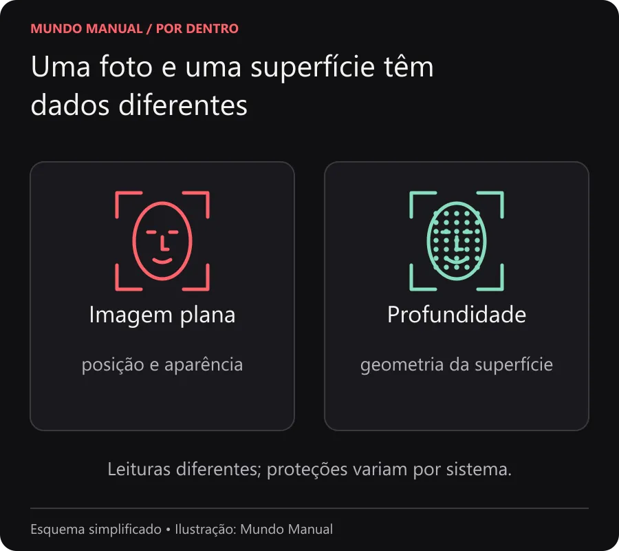 Comparação conceitual entre uma imagem plana do rosto e pontos de um mapa de profundidade.