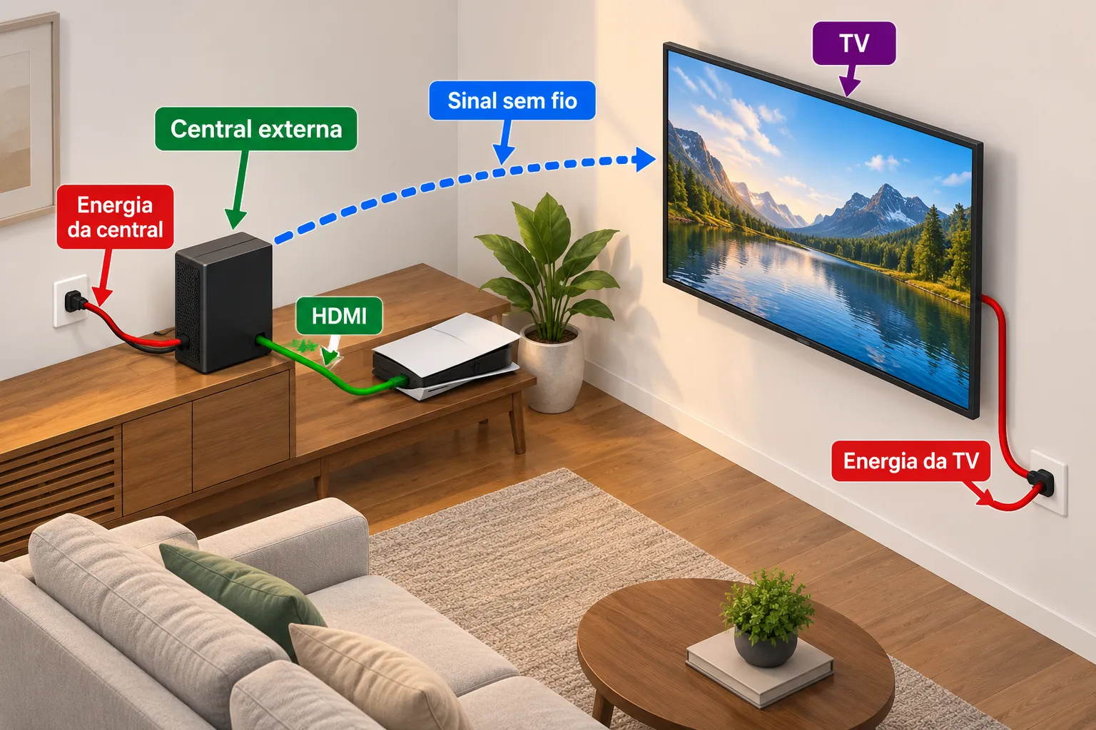 O sinal segue sem fio entre a central e a TV, mas a tela continua ligada à energia. Esquema de instalação, sem reproduzir o produto. Ilustração explicativa: O sinal segue sem fio entre a central e a TV, mas a tela continua ligada à energia. Esquema de instalação, sem reproduzir o produto.