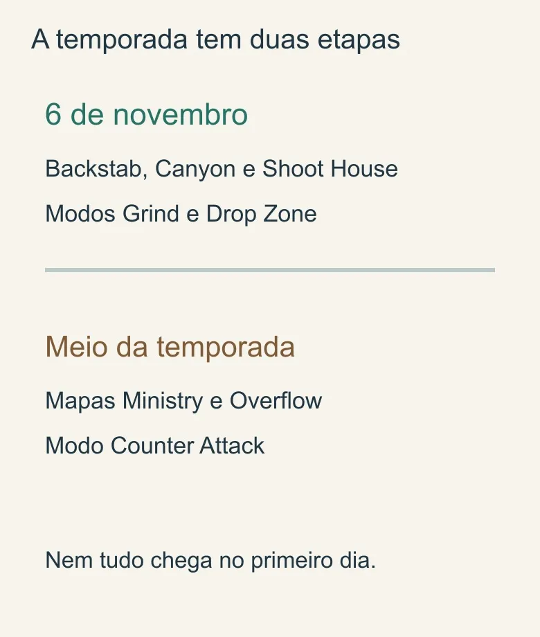 Calendário separa mapas e modos do início da temporada dos previstos para o meio da temporada.